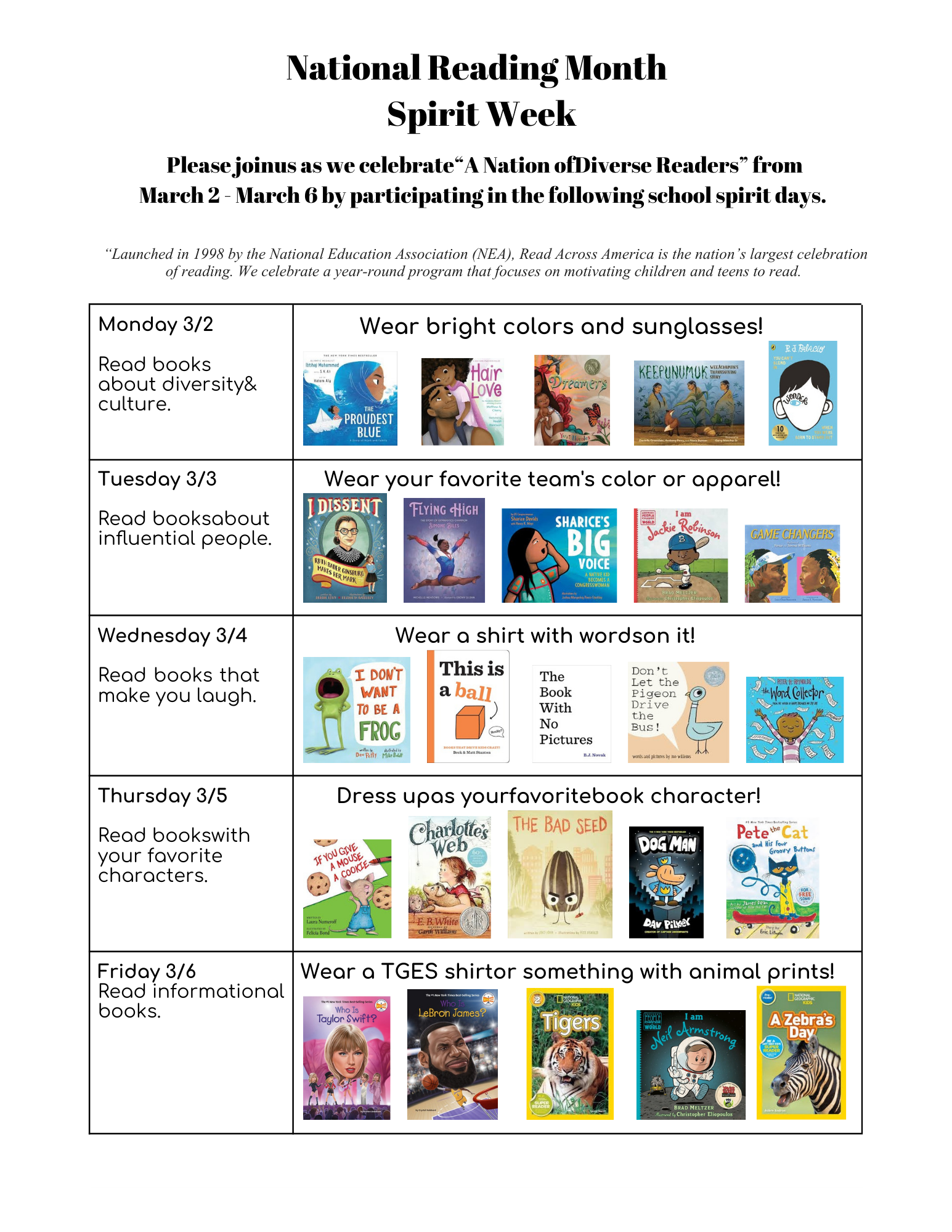 TGES Read Across America Spirit Week 2026