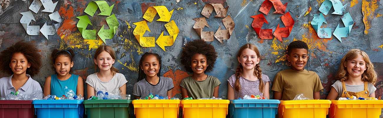 diverse-students-with-colorful-recycling-bins