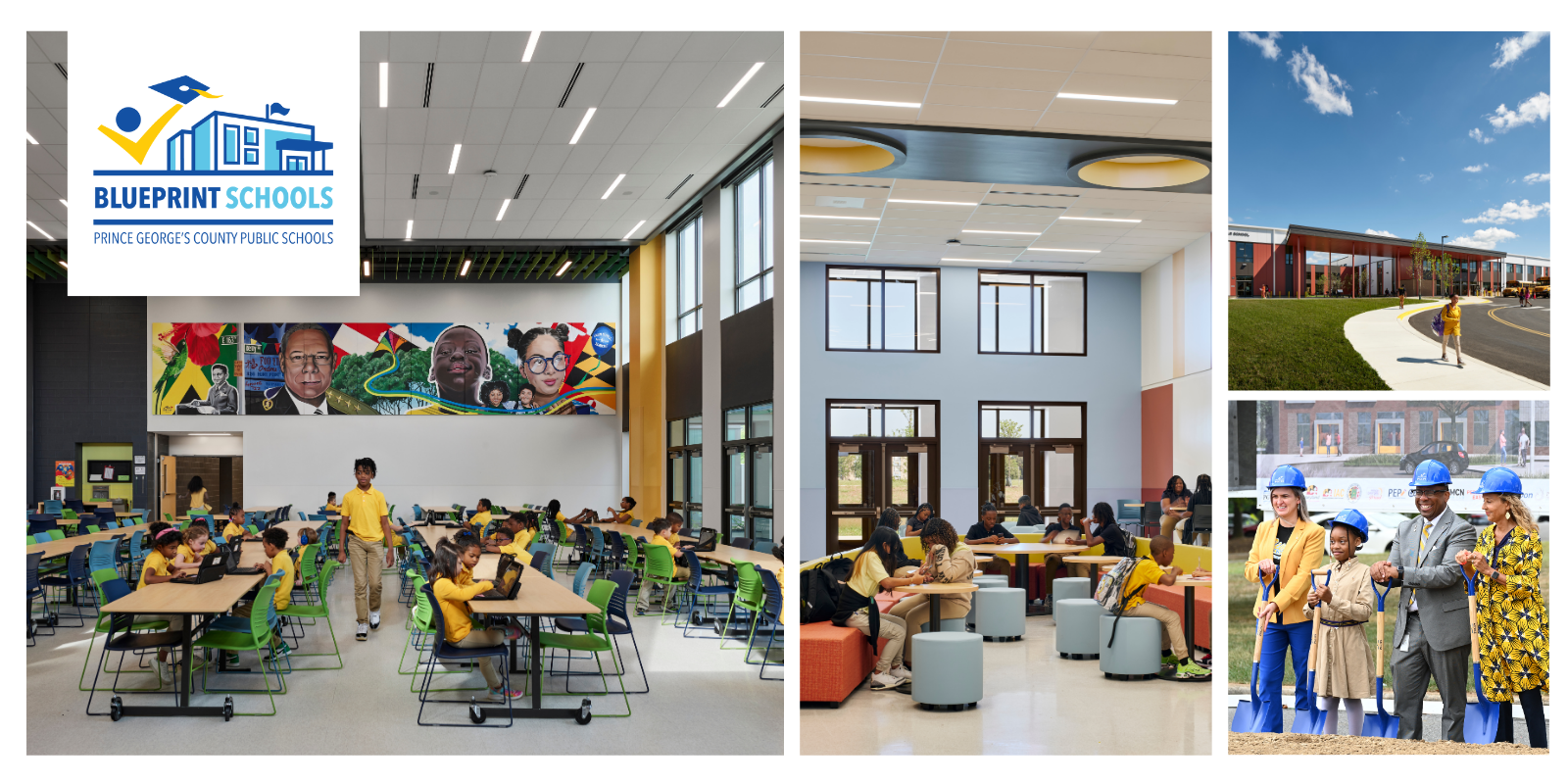 Blueprint Schools collage - building interior and exterior pictures and ground breaking with shovels group picture