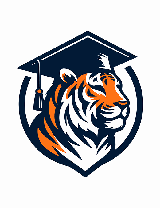 tiger mascot with graduation cap on