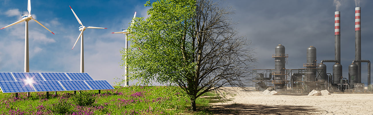 climate change graphic with solar and wind energy in green field compared to dead tree and barren land with factory on it